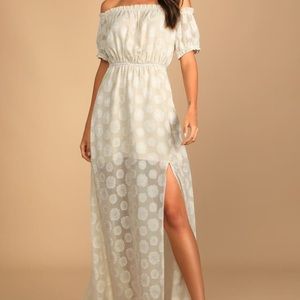 Lulus Shining Time Cream Floral Jacquard Off-the-Shoulder Maxi Dress